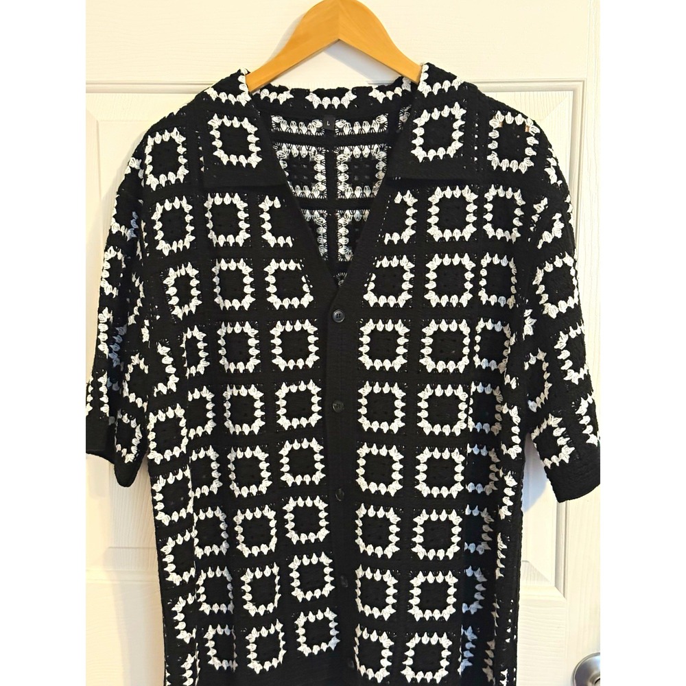 Black White Geometric Knit Cardigan Sweater Button Front V-Neck 3/4 Size L